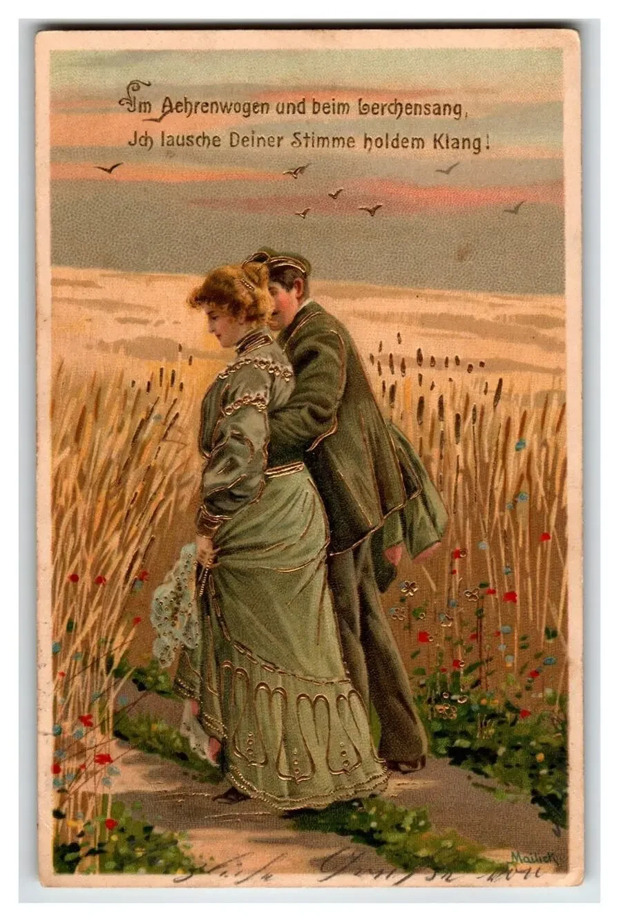 Romantic Couple Grain Field Sunset Postcard 1903 German Poem Maulich Art
